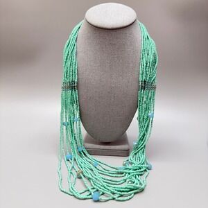 Mint Green Aqua Seed Bead Necklace 27" Multi-Strand Cascade Long Casual Summer